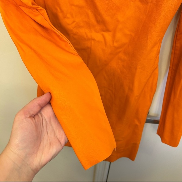Naked Wardrobe Orange Faux Leather Cutout Mini Dress Size Medium Long Sleeve - Picture 4 of 7